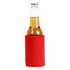 A drink bottle is wrapped in a red stubby holder, featuring a logo on its surface.