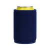 A navy blue stubby holder encasing a can, featuring a logo on the front.