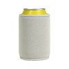 A grey stubby holder with a yellow drink can inside, featuring a logo on the side.