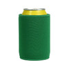A green stubby holder with a can peeking out from the top, featuring a simple, textured fabric design.
