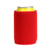 A red stubby holder fits around a drink can, featuring a smooth fabric surface and a logo.