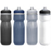 A drink bottle set featuring four colours: black, navy, clear, and white, each with a structured design and a logo.