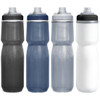 A drink bottle collection in black, dark blue, light blue, and white, featuring a brand logo.