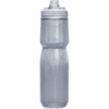 A drink bottle in clear grey with a white cap and a textured grip design. It features a logo on the side.