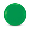 A green frisbee with a smooth, circular design and subtle grooves around the edge. It features a logo.