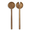 A set of wooden salad servers featuring a round spoon and a forked serving piece, both with long handles.