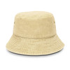 A beige bucket hat with a textured finish and a logo, featuring a wide brim.