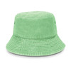 A green washed bucket hat with a wide brim and a textured finish, featuring a logo.