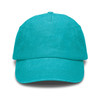 A vintage washed cap in a vibrant turquoise colour, featuring a curved brim and a logo on the front.