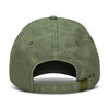 A green vintage washed cap featuring a buckle closure and an open back design. It has a simple branding logo.