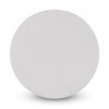 A round, white magnetic badge with a smooth surface, featuring a branding logo on one side.