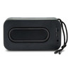 A black bass speaker with a smooth surface, featuring a USB port and a cord for easy carrying.