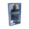 A blue anti-loss luggage tag with a strap, packaged in a clear box, featuring a logo and compatible with iOS and Android.