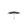 A black umbrella with a sleek design and a branded handle, featuring a curved canopy.