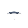 A navy blue umbrella with a curved shape and a black handle, featuring a branding logo on the handle.