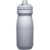 A drink bottle in a sleek, plain grey colour with a screw-on cap and a logo on the side.