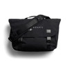 A black satchel bag with a shoulder strap and a logo, featuring front clasps and a flap cover.