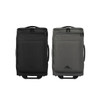 A wheeled duffle bag in black and grey with zippers and handles, featuring a logo on the side.