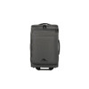 A wheeled duffle bag in grey featuring a front pocket and a logo. Ideal for travel and storage.
