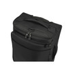 A black wheeled duffle bag with multiple zippered compartments and a top handle for carrying.
