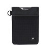 A vertical wallet in black with a textured surface and a logo, featuring a top slot for cards.