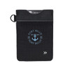 A black vertical wallet featuring a logo, with a textured design and a keyring attachment.