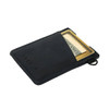 A black vertical wallet made of leather, holding cards and cash, featuring a simple design and a small logo.