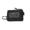 A black pouch wallet with a clear window and a carabiner clip, featuring a simple design and a branding logo.
