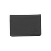 A black bifold wallet with a simple design and stitching, featuring a small logo on the front.