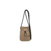 A lightweight shoulder phone bag in tan, featuring a drawstring closure and a black-and-white patterned strap.