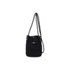 A black lightweight shoulder phone bag with a drawstring closure and a braided strap. It features a small logo.