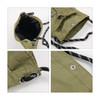 An olive green lightweight shoulder phone bag with a drawstring closure and black straps. Features metal snaps.
