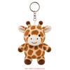 A plush giraffe keyring in brown and cream with a happy expression, featuring a metal keychain attachment.