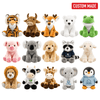 A collection of custom animal plush toys in various colours, including a tiger, bear, pig, koala, and penguin.
