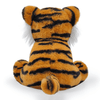 A plush toy in the shape of a tiger, featuring orange fur with black stripes and white accents on the ears.
