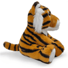 A plush toy shaped like a tiger, featuring orange and black stripes with white accents, sitting upright.