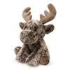 A brown plush toy moose with antlers, sitting upright with a soft, furry texture. It has large, expressive eyes.