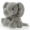 A grey elephant plush toy with fluffy texture and oversized ears, featuring a small, smiley face.