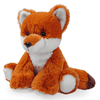An orange and white plush fox toy, featuring a soft fur texture and a seated pose, with a logo present.