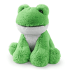 A green plush frog toy with a soft texture and a friendly expression, featuring white accents on its belly.