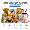 A collection of custom animal plush toys in various colours, featuring a dinosaur, fox, bear, unicorn, and more.
