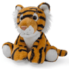 A plush toy tiger in orange with black stripes, featuring fluffy white accents on the face and paws.