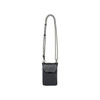 A minimalist grey crossbody phone bag with a patterned strap and a front pocket. It features a logo.