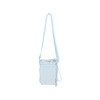 A drink bottle holder with a light blue strap, featuring a drawstring closure and a small front pocket.