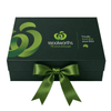 A medium full colour magnetic gift box in dark green, featuring a decorative green ribbon and branding details.