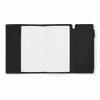 A black executive soft-touch PU leather notebook featuring a blank interior and a pocket for storing items.