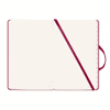 A textured red PU hard cover notebook with lined pages and a ribbon bookmark. It features a matching strap and branding.