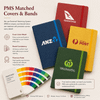 A collection of five notebooks with textured covers in various colours, each featuring a logo and a matching colour guide.