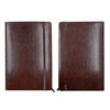 A dark brown soft cover notebook with a pen pouch, featuring a sleek and smooth finish. It includes a logo.