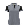 A women's polo shirt in grey with black sleeves and collar, featuring a subtle design and a logo.